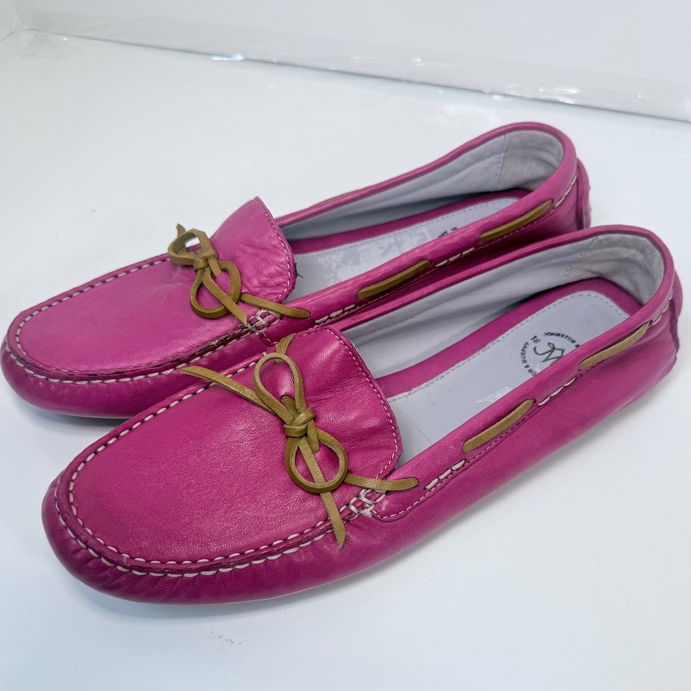 Johnston & Murphy Women Fuschia Pink Leather J&M Flex Driving Loafers Bow Moc 9N
